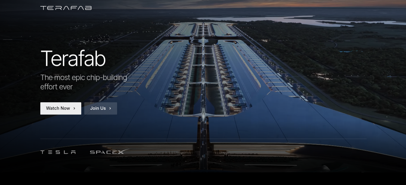 Aerial concept rendering of the proposed Terafab chip factory, showing long factory buildings and surrounding roads.