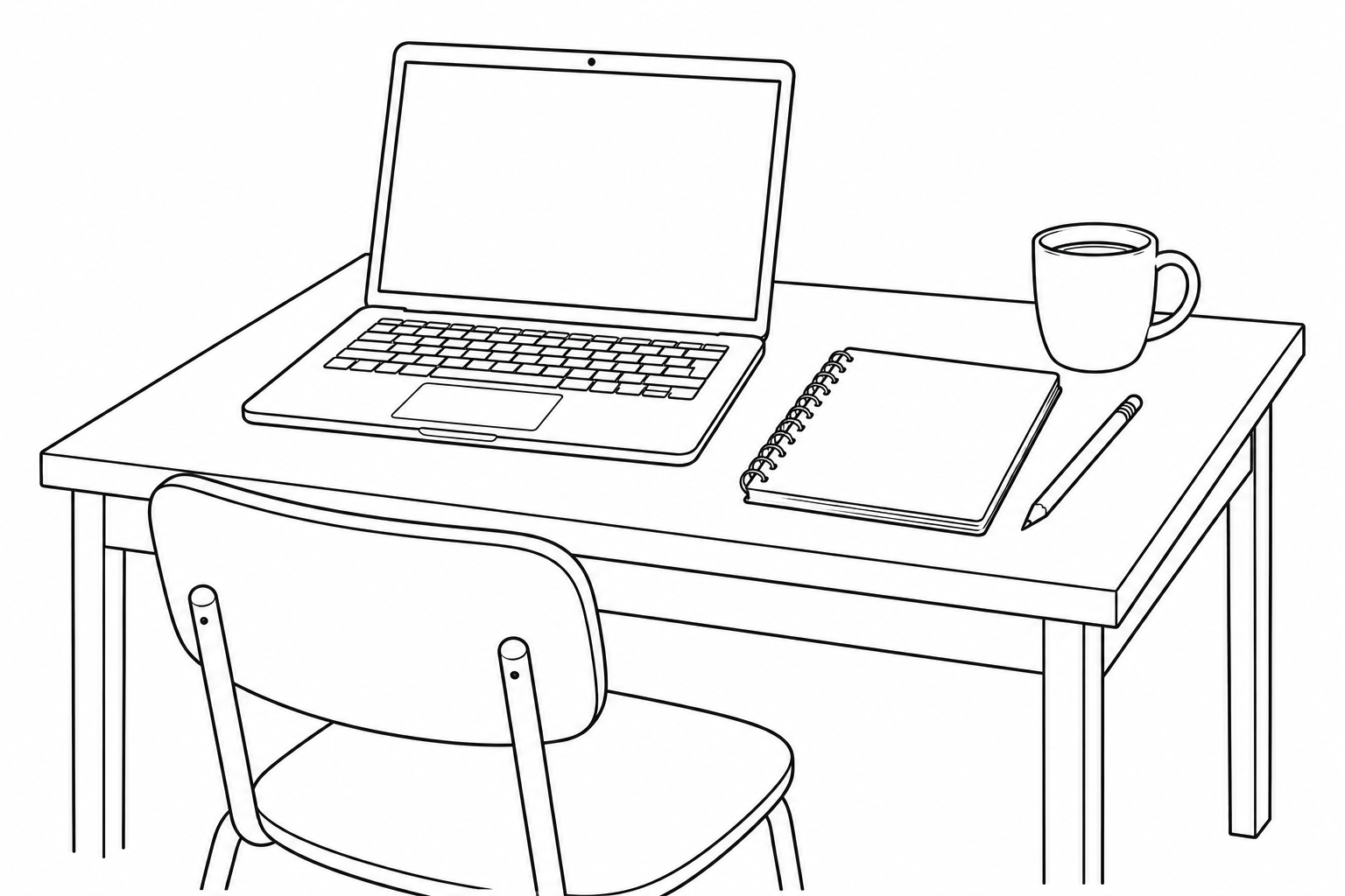 Dibujo de contornos en blanco y negro generado con IA: un escritorio pequeño con una computadora portátil, un cuaderno, un lápiz y una taza de café, con una silla al frente